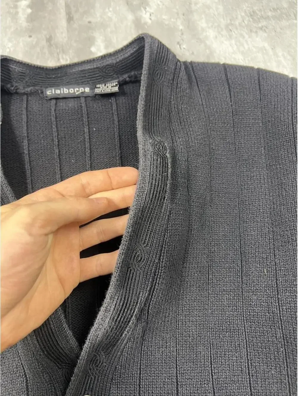 Vintage Claiborne Ribbed Cardigan Sweater Black Cotton Grandpa Knit